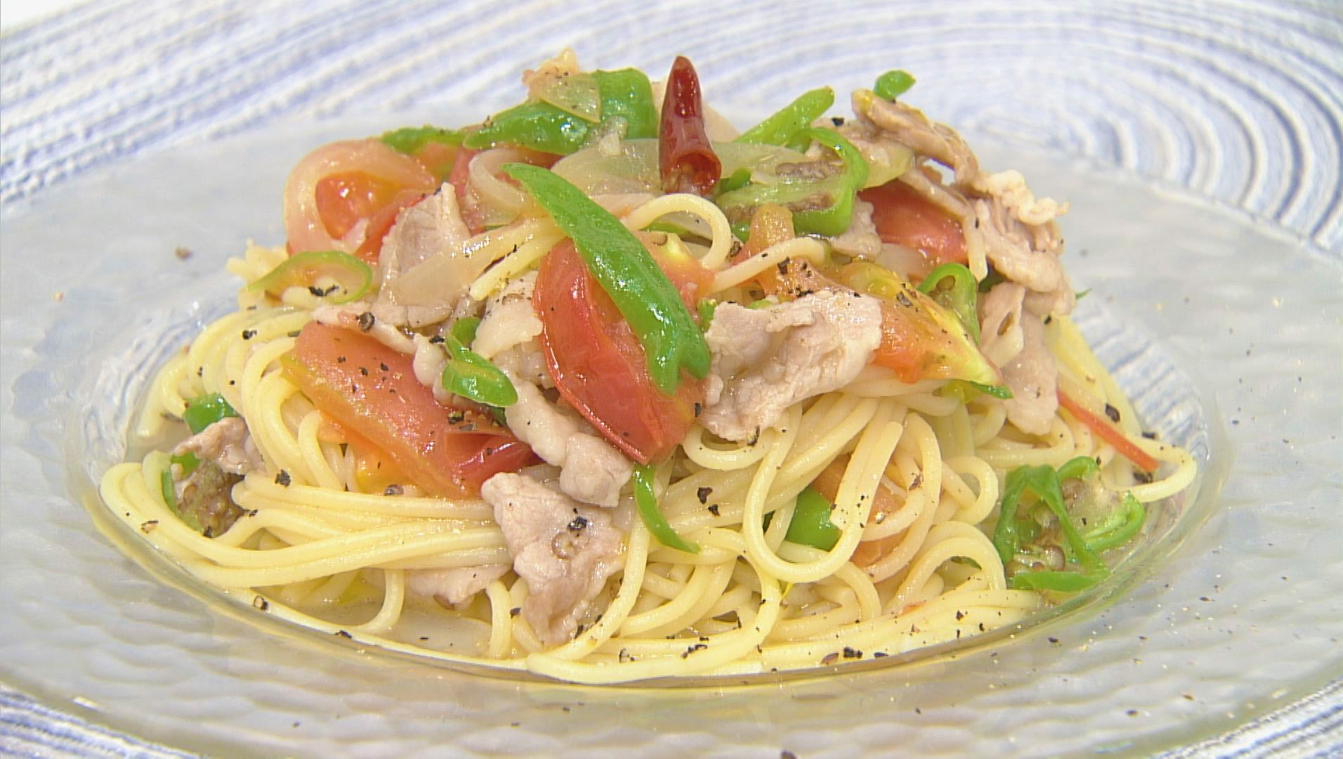 しし唐と豚肉の夏パスタ