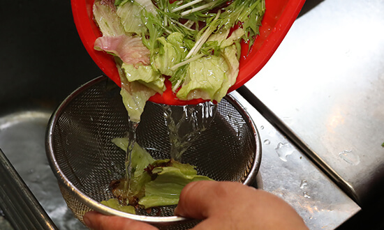 葉野菜の水気を切り豆腐の上にのせ、まぜるめんつゆをかける