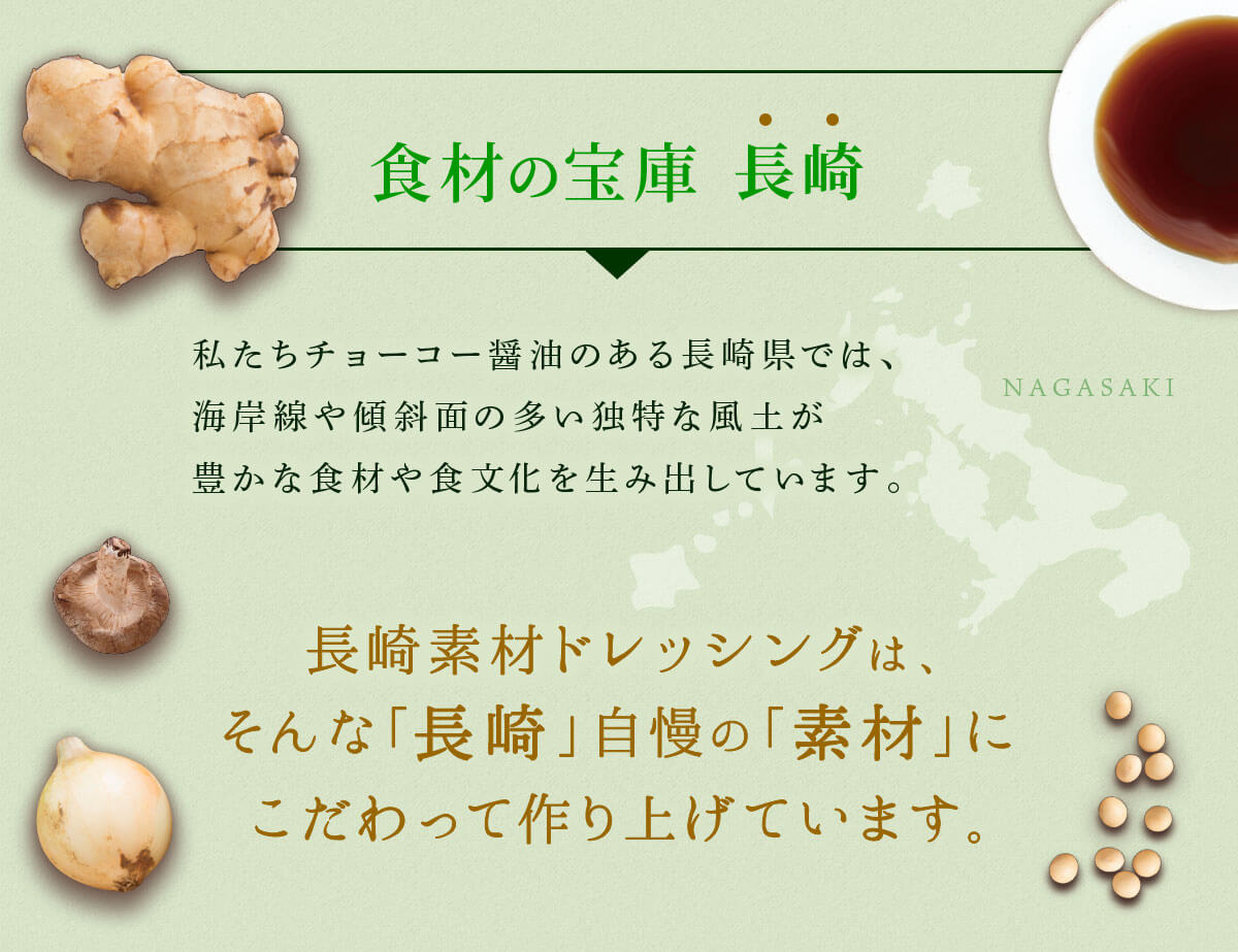 食材の宝庫 ⻑崎 私たちチョーコー醤油のある⻑崎県では、海岸線や傾斜面の多い独特な風土が豊かな食材や食文化を生み出しています。 ⻑崎素材ドレッシングは、そんな「長崎」自慢の「素材」にこだわって作り上げています。